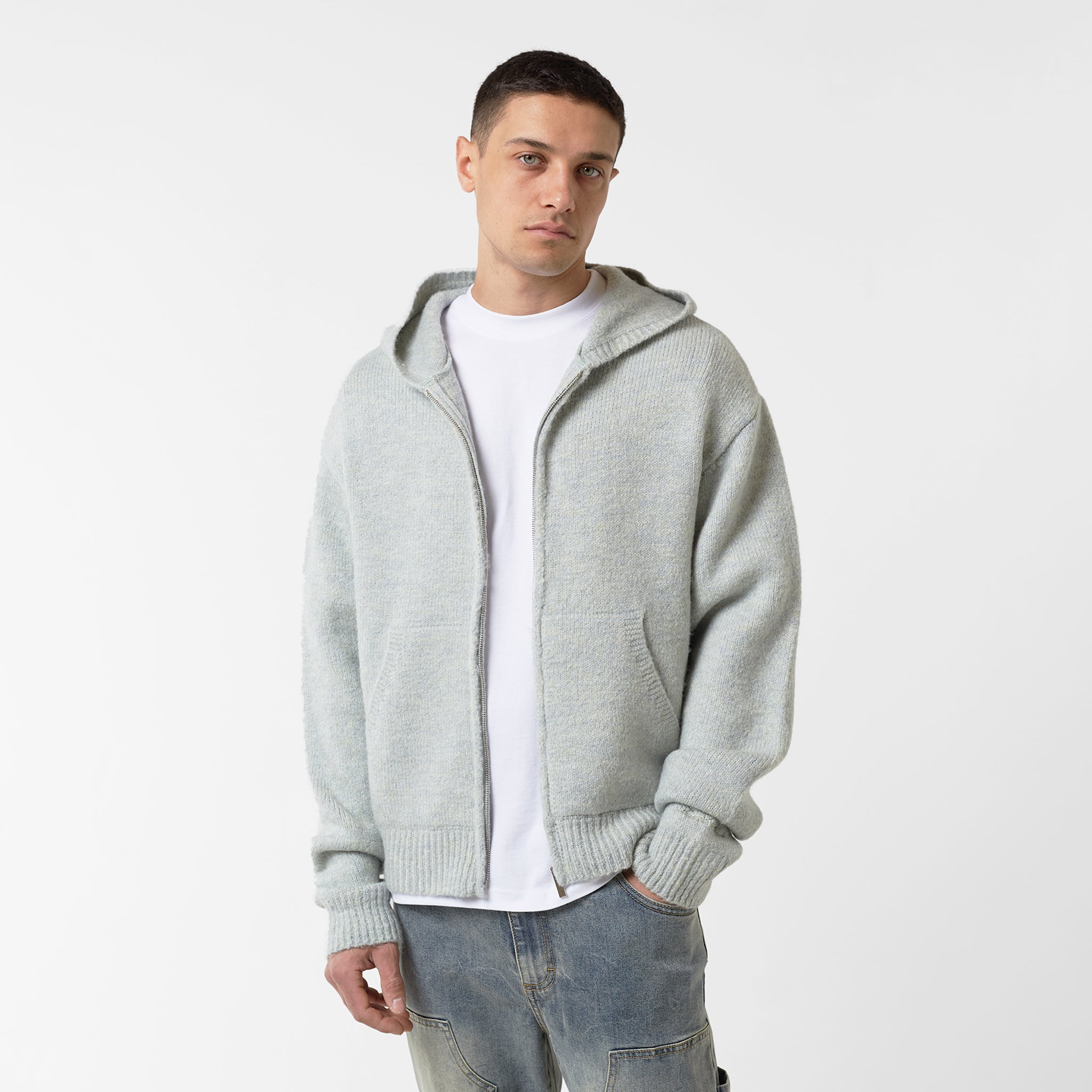 Knitted Full Zip Hoodie | Sage Marl