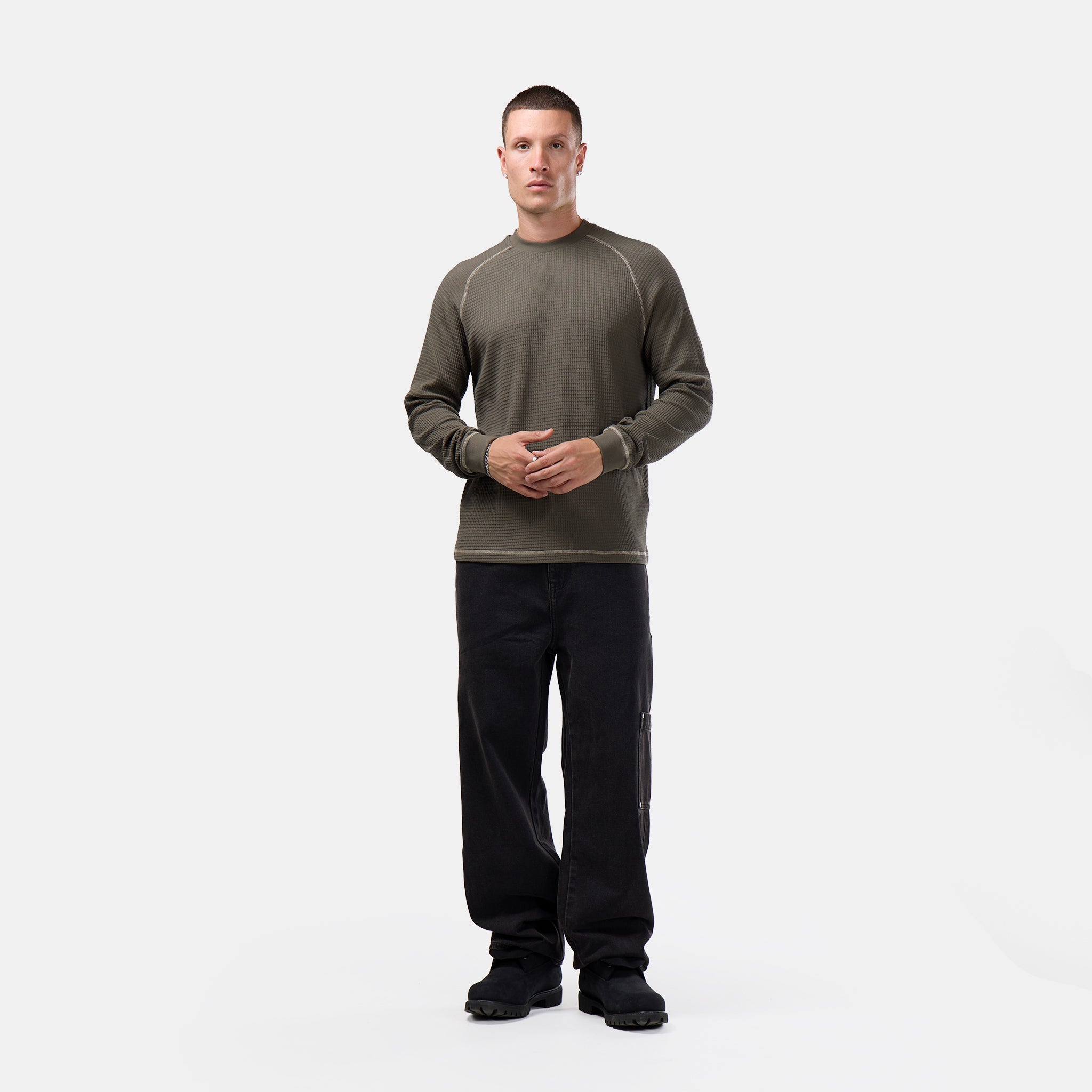 Contrast Stitch Waffle Long Sleeve T-Shirt | Olive