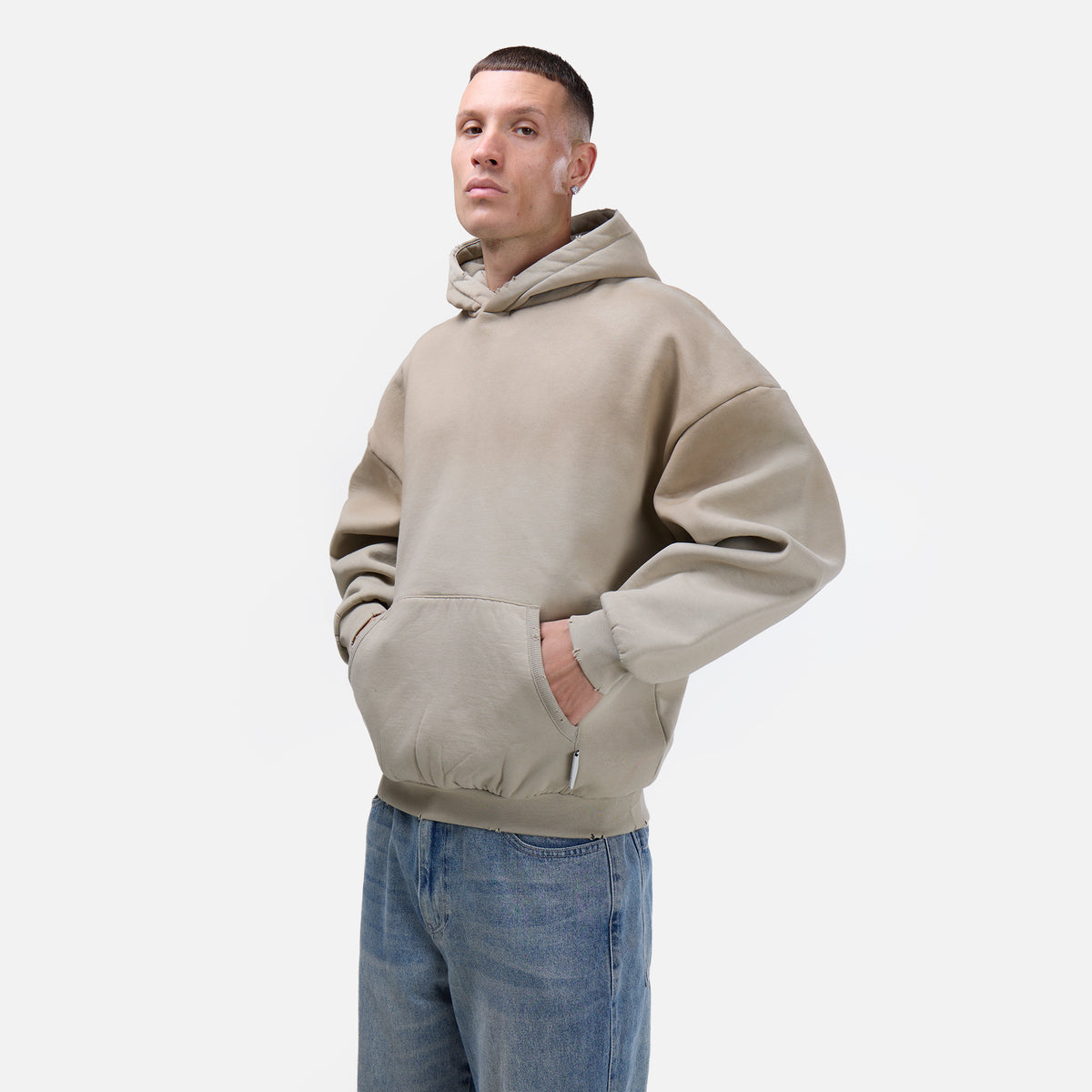 Boxy Distressed Hoodie | Washed Stone
