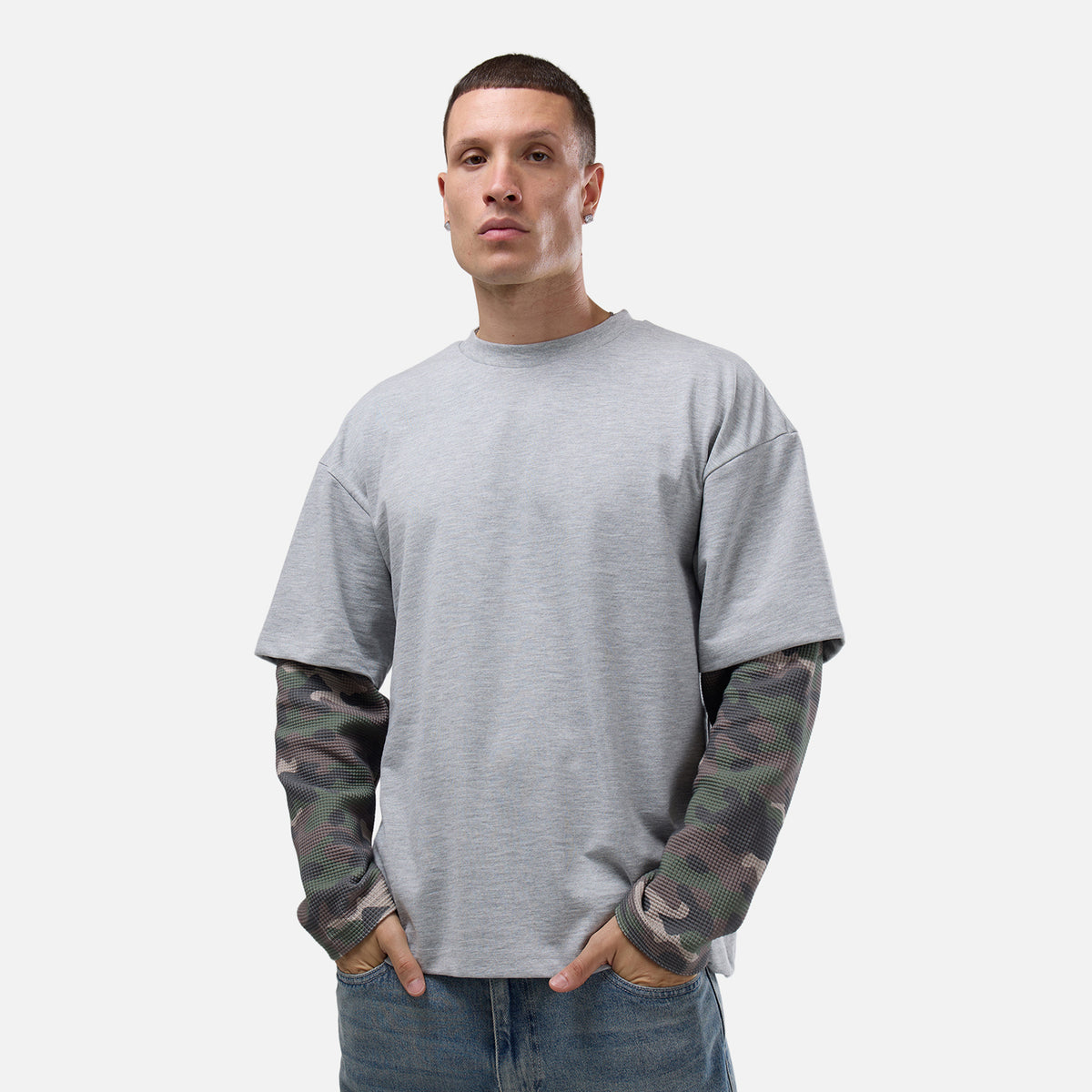 Camo Long Sleeve Layered T-Shirt | Grey Marl