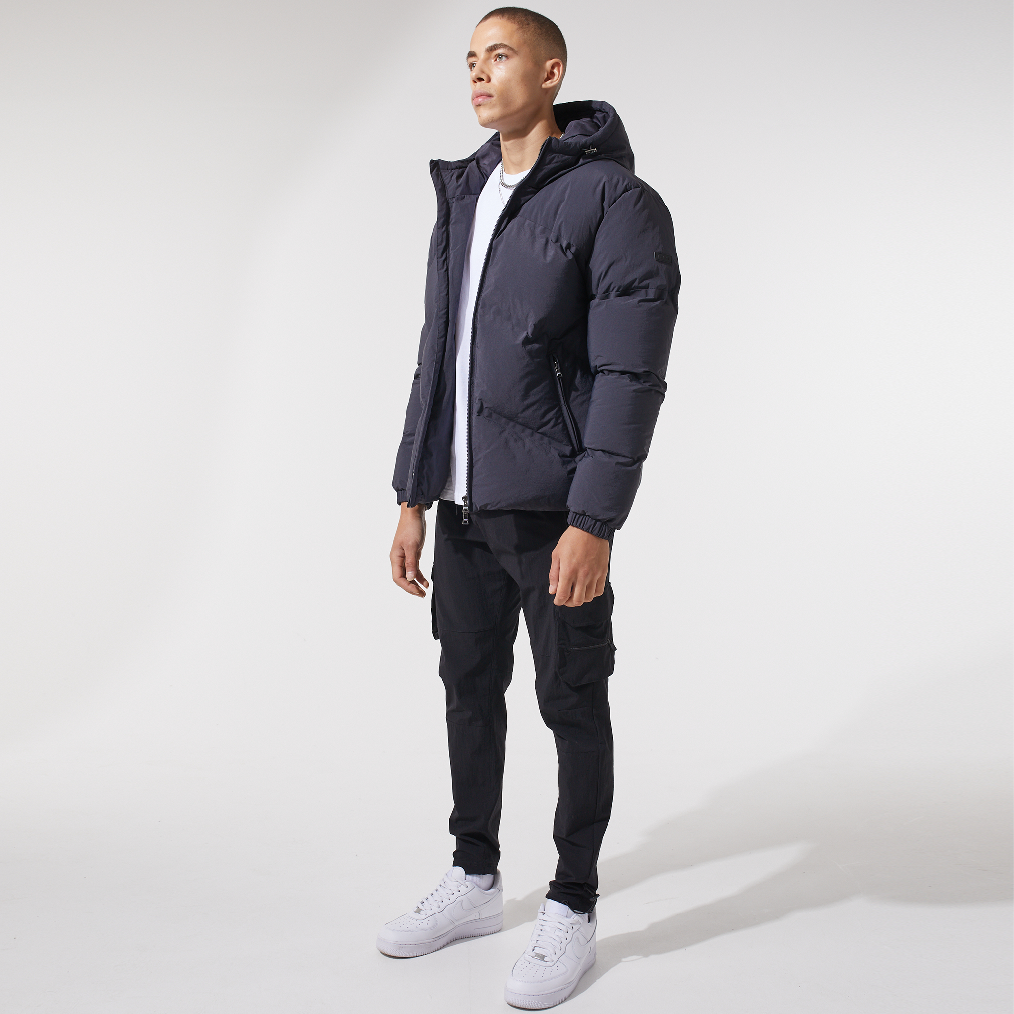 Chevron Hooded Puffer Jacket Charcoal